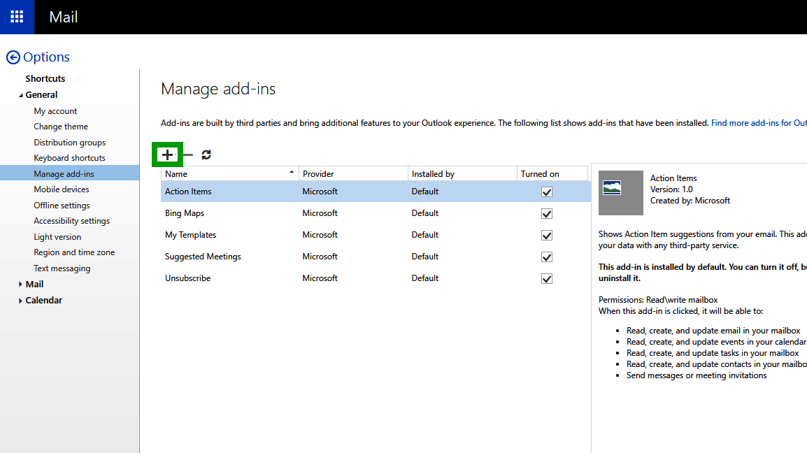 The plus symbol is highlighted on the Manage add-ins page in the Outlook Web App.