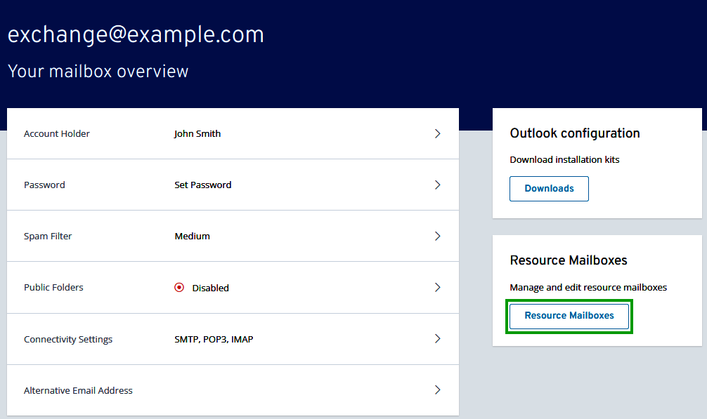 The Microsoft Exchange Administration tool with the Resource Mailboxes button highlighted.
