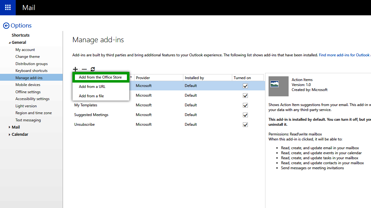 The Add from the Office Store option is highlighted on the Manage add-ins page in the Outlook Web App.