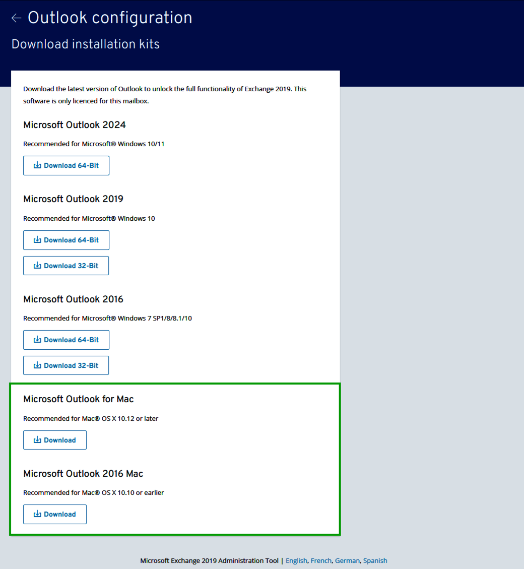 Screenshot of the Download the latest version of Outlook page showing different versions of Outlook for Mac.