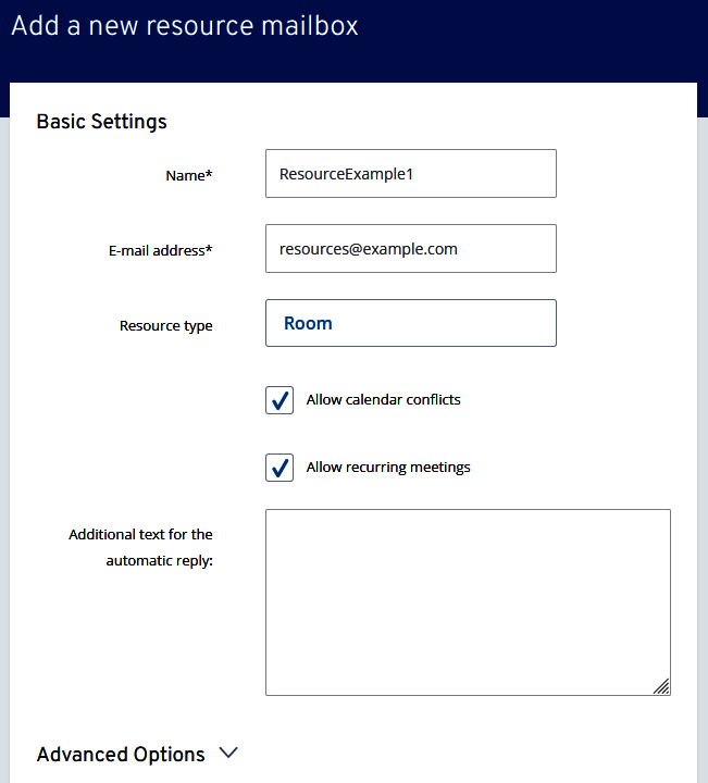 The Add a new resource mailbox page.