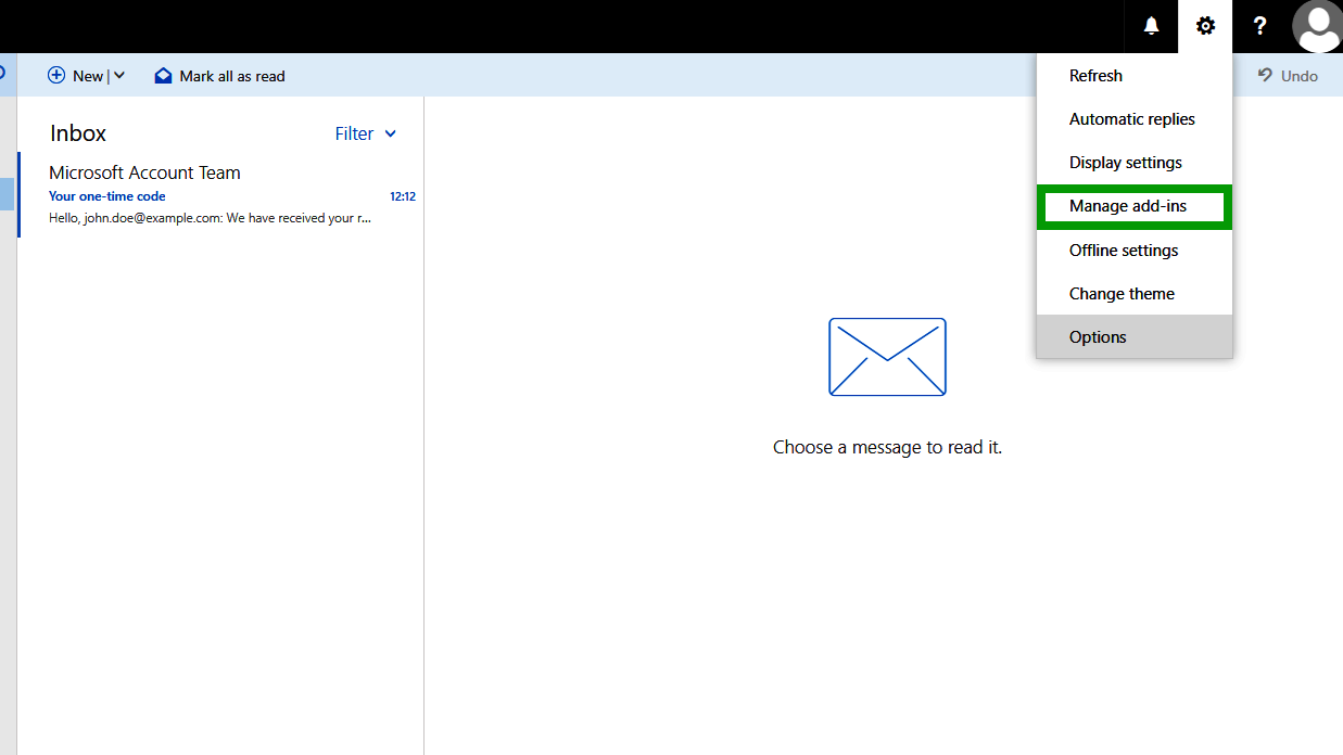 The Manage add-ins option is highlighted within the Settings menu in the Outlook Web App.