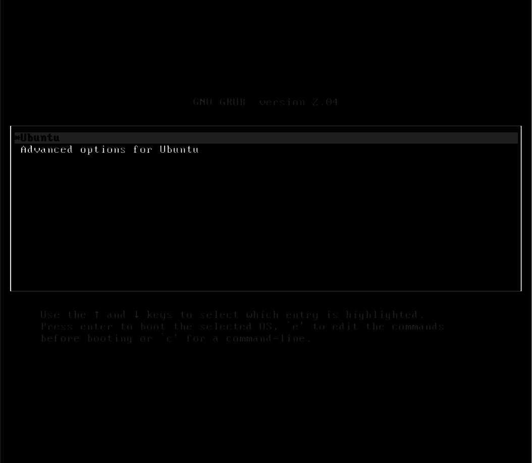 Screenshot: Das Fenster GNU GRUB version 2.04  wird angezeigt. In diesem Fenster kann man zwischen Ubuntu und den Advanced options for Ubuntu wählen.