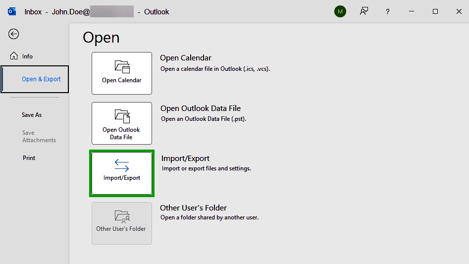 A screenshot of the Open & Export pane is displayed in Outlook 2024. The Import/Export button is highlighted in this pane.