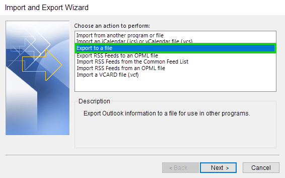 A screenshot of the Import and Export Wizard. The Export to a file option is highlighted.