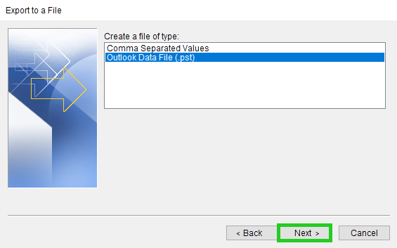 A screenshot of the Export to File window. The Next button is highlighted.