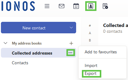IONOS Webmail with the Export menu option highlighted within the Address Book menu.