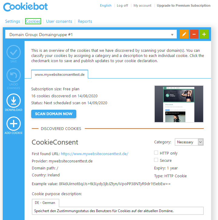 The Cookies tab is highlighted within Cookiebot.