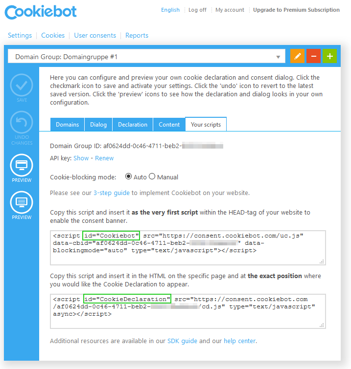 The Your scripts tab of Cookiebot.