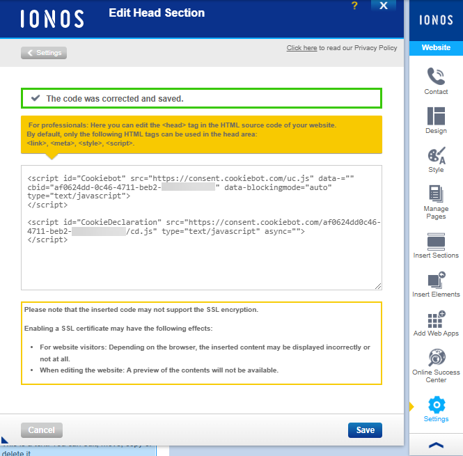 The Edit Head Section page of the MyWebsite editor.