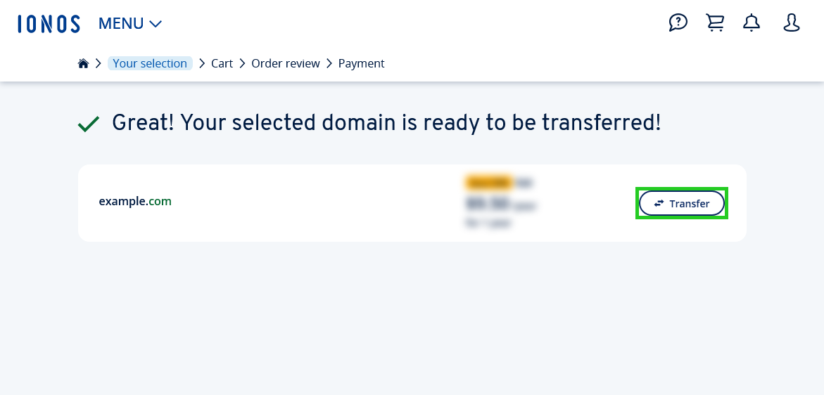 The IONOS Shop page with the Transfer button highlighted.
