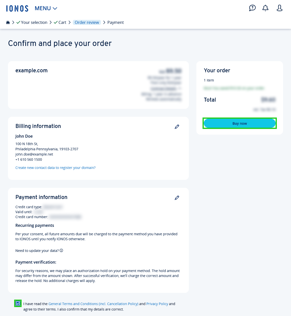 The order confirmation page with the Buy now button highlighted.