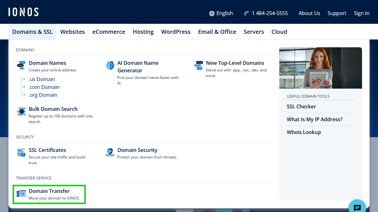 The IONOS website with the Domain Transfer option highlighted within the Domains & SSL menu.