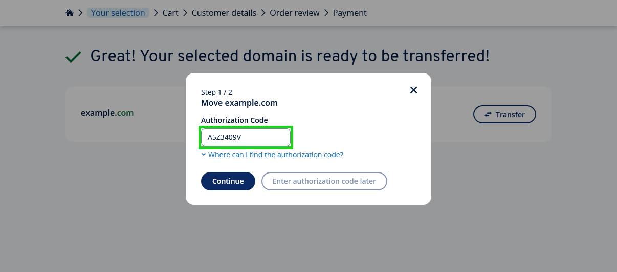 The IONOS domain transfer process with the authorization code input form highlighted.