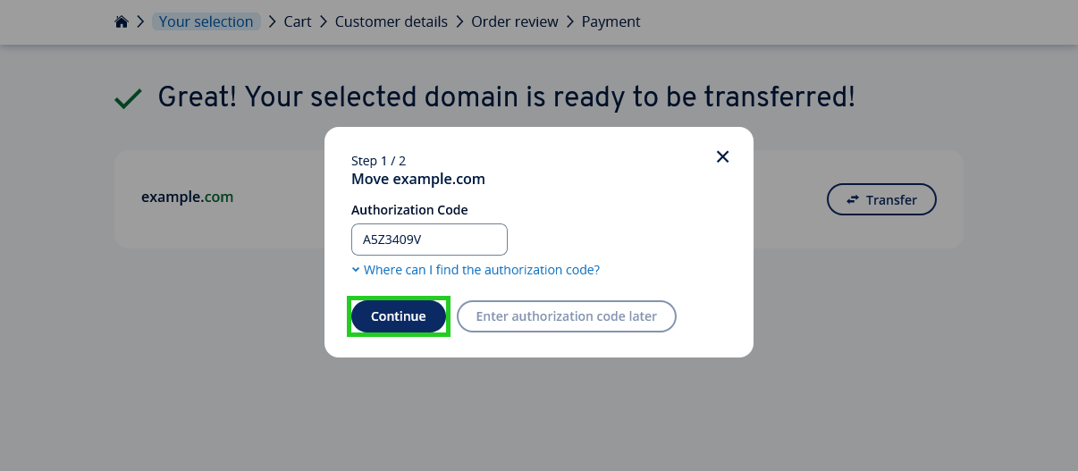 The IONOS domain transfer process with the Continue button highlighted.