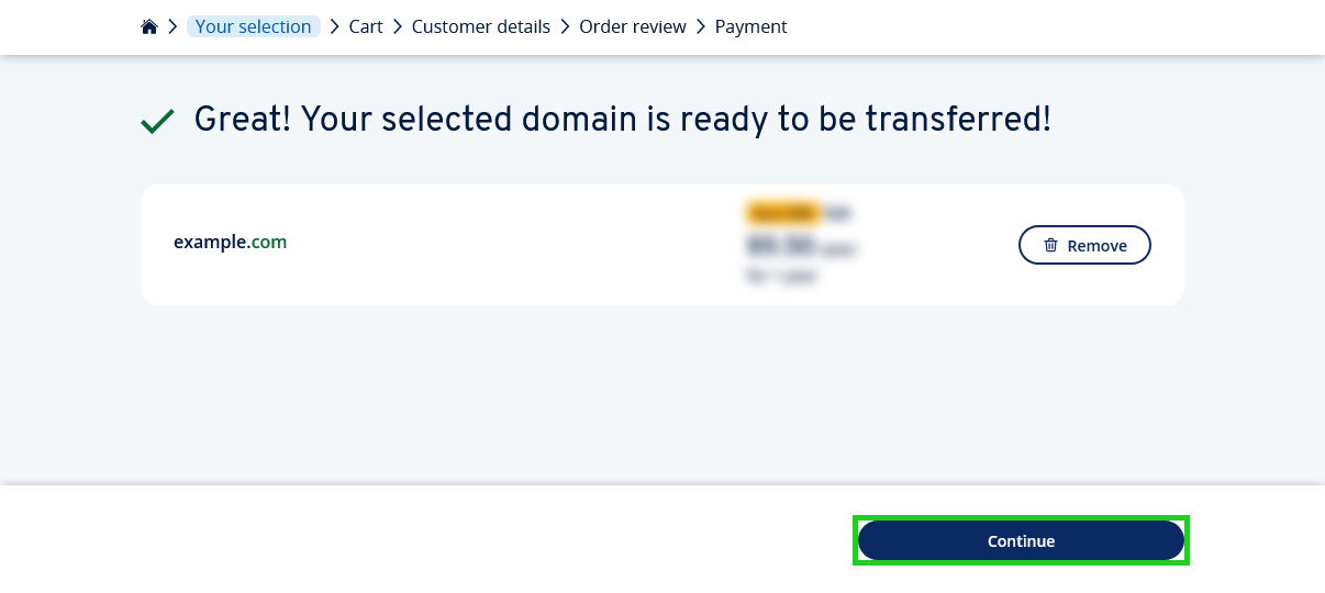 The IONOS checkout process with the Continue button highlighted.