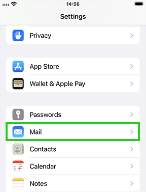 The iPhone Settings app with the Mail option highlighted.