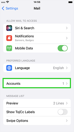 The iPhone Mail settings window with the Accounts option highlighted.