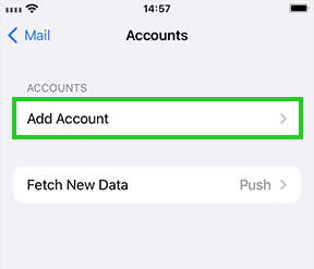 The iPhone Accounts window with the Add Account option highlighted.