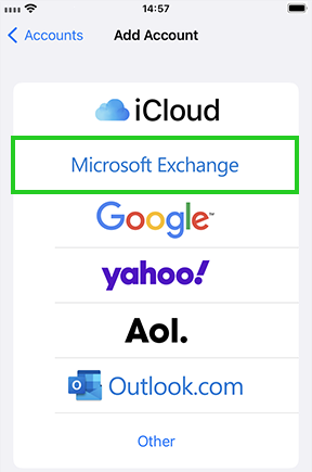 The iPhone Add Account window with the Microsoft Exchange option highlighted.