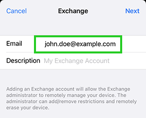 The iPhone Exchange settings window with the Email field highlighted.