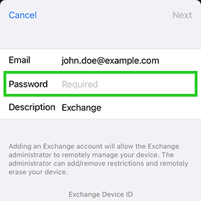 The iPhone Exchange settings window with the Password field highlighted.