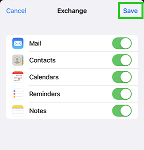 The iPhone Exchange sync settings window with the Save option highlighted.
