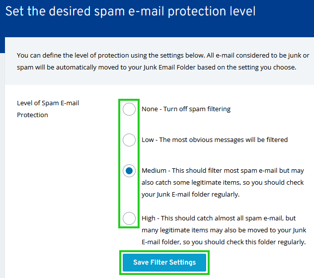 The Microsoft Exchange Administration spam email protection level settings, with the available levels highlighted.