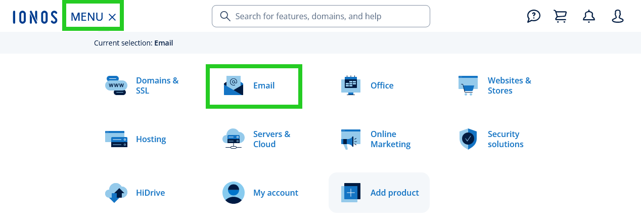 The IONOS account with the Email tile highlighted within the Menu.