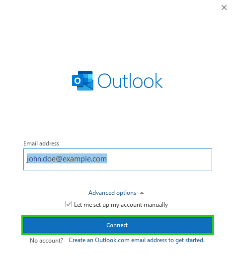 The Connect button is highlighted on the Outlook login screen.