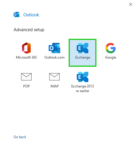 The Exchange option is highlighted on Outlook's Advanced setup window.