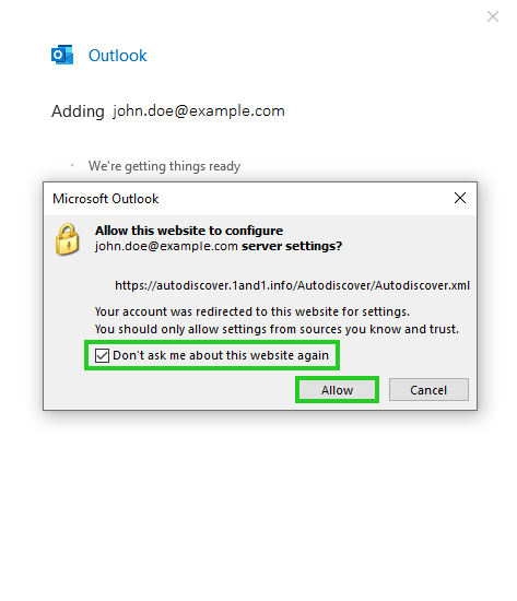 The checkbox and Allow button are highlighted in the Microsoft Outlook dialog box.