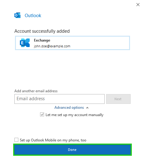 The Done button is highlighted on the Account successfully added window.