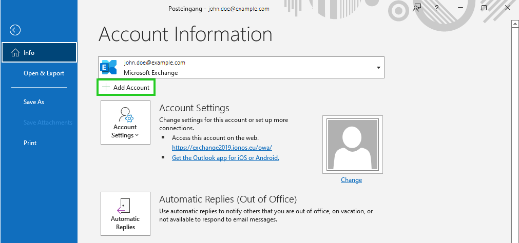 The + Add Account button is highlighted on the Account Information window.