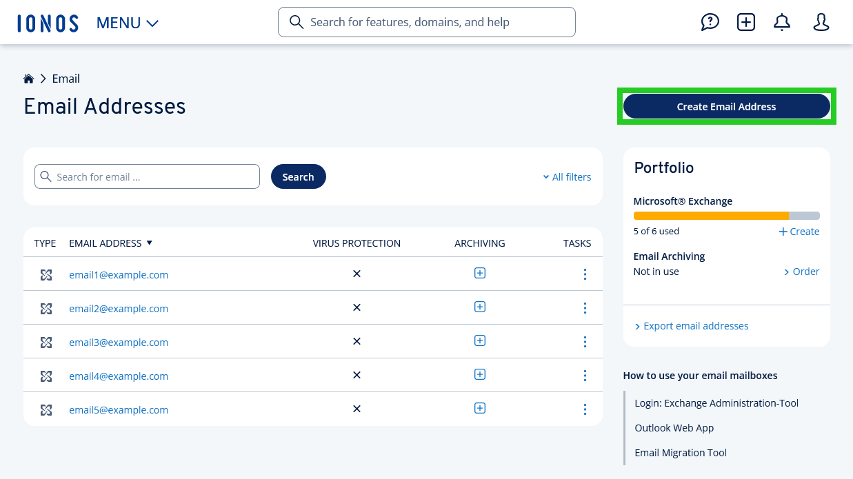 The Email Addresses page of the IONOS account, with the Create Email Address button highlighted.