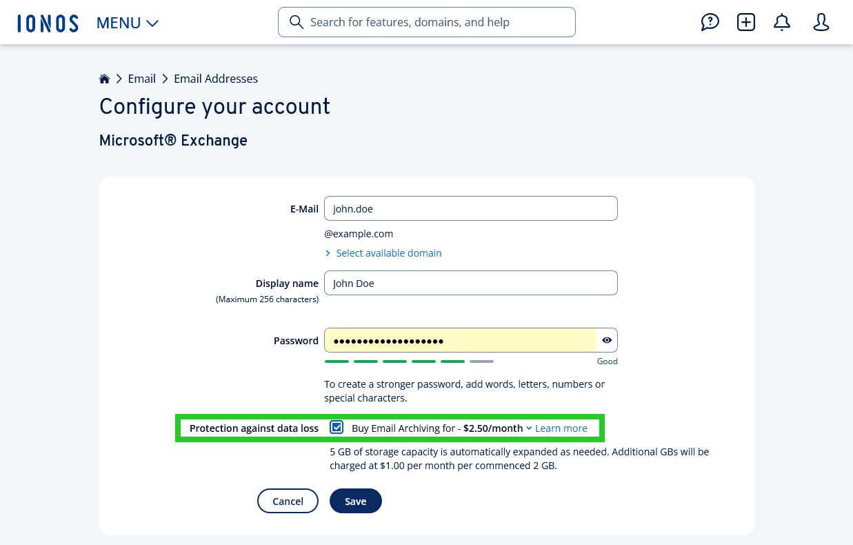 The IONOS Microsoft Exchange configuration page, with the Email Archiving option highlighted.