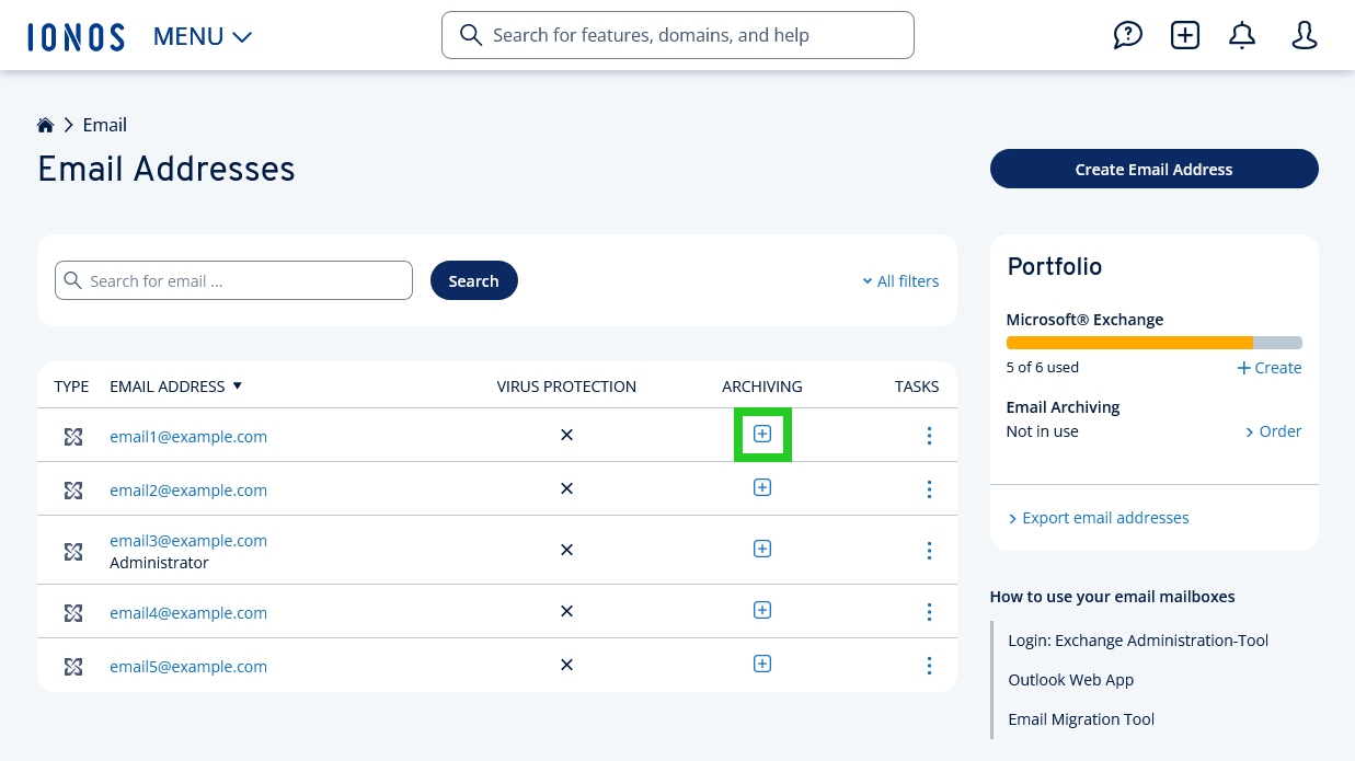 The Email Addresses page of the IONOS account, with the Email Archiving option highlighted.