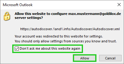 Illustration: Dialogue box for authorising the autodiscover function for automatic configuration of the account in Outlook 2024