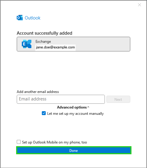 Illustration: Message about the successful addition of the account in Outlook 2024