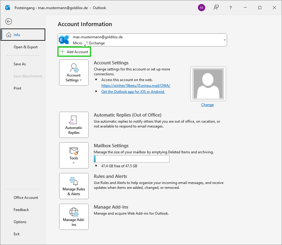 Illustration: "Account information" area in Outlook 2024