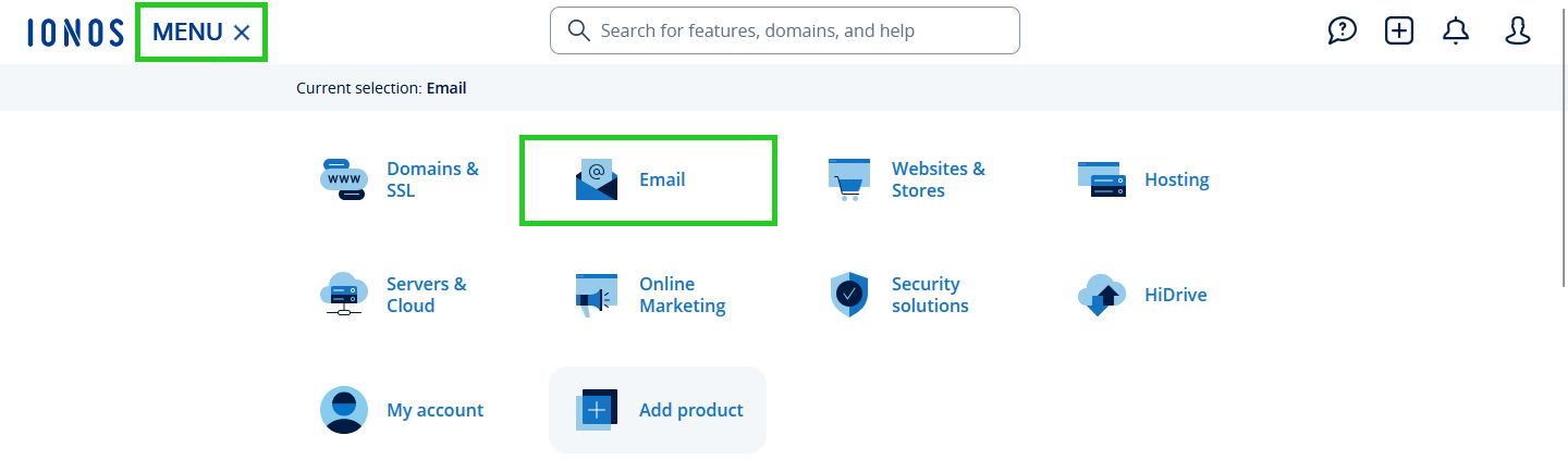 The Menu and Email links are highlighted within the IONOS account.