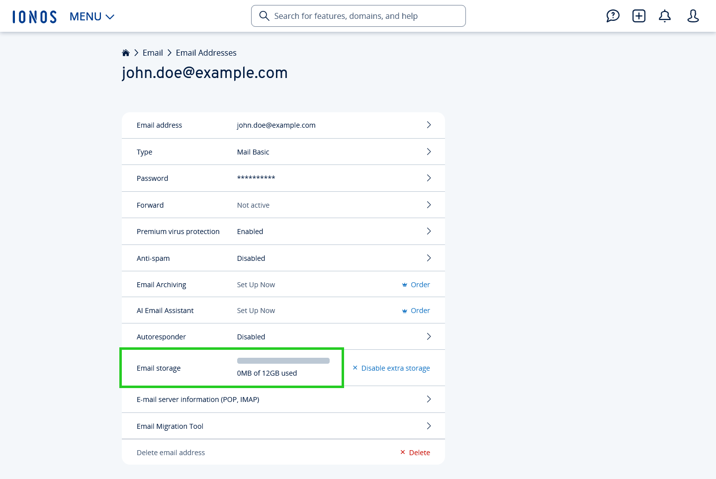 Detailed view of an email address in the IONOS account, with the email storage value highlighted.