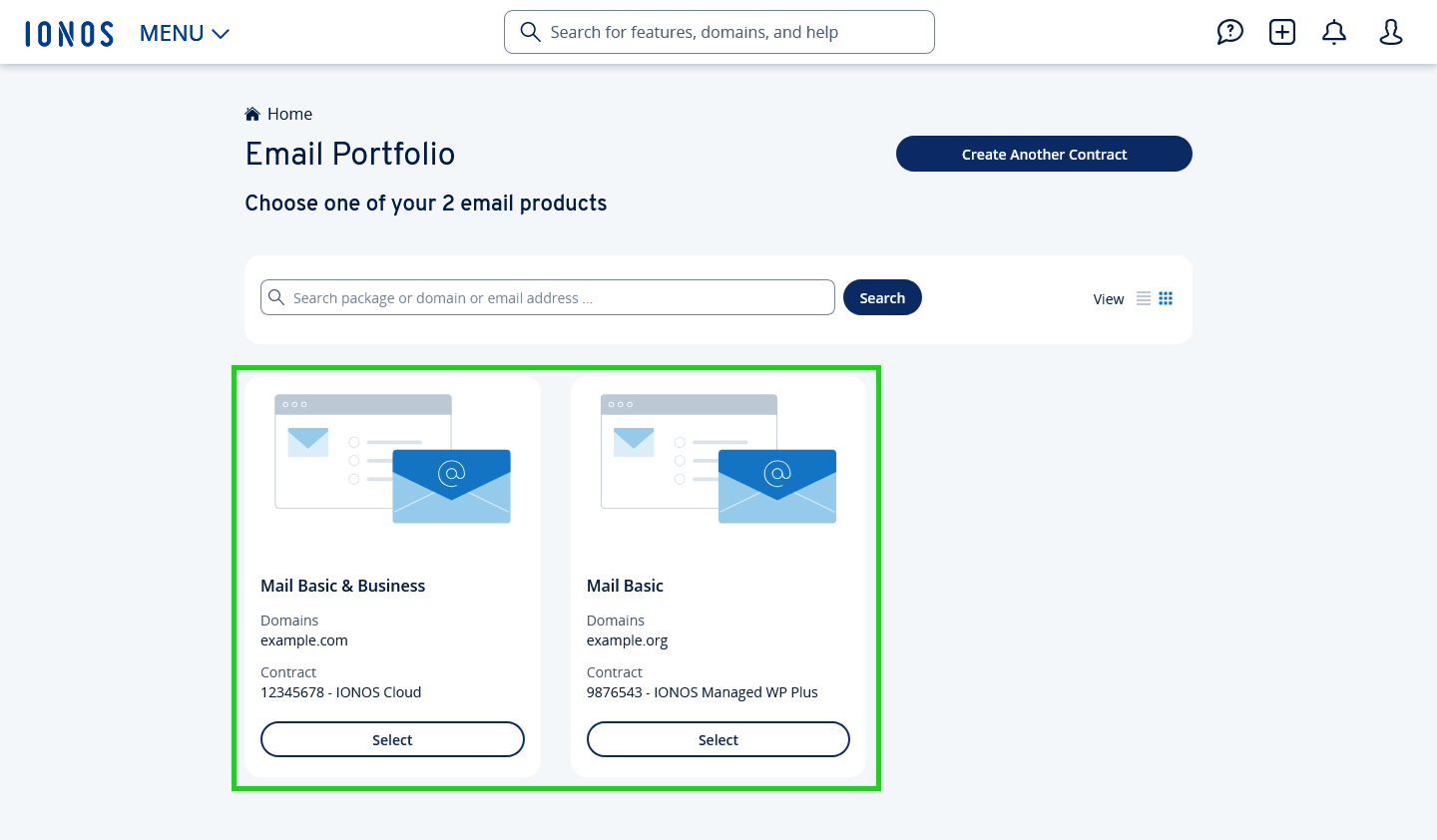 The Email Portfolio page, with two example email contracts highlighted.