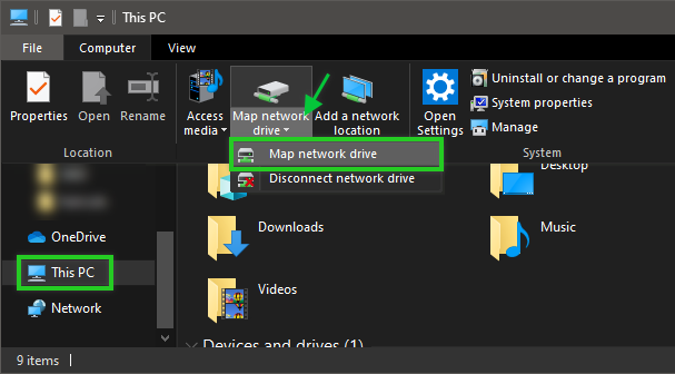 Location of the Map network drive feature in the Windows Explorer ribbon.
