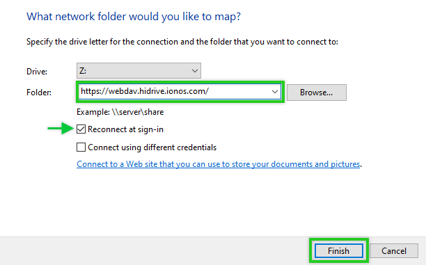 Dialog in Windows Explorer to set up the network drive for HiDrive.
