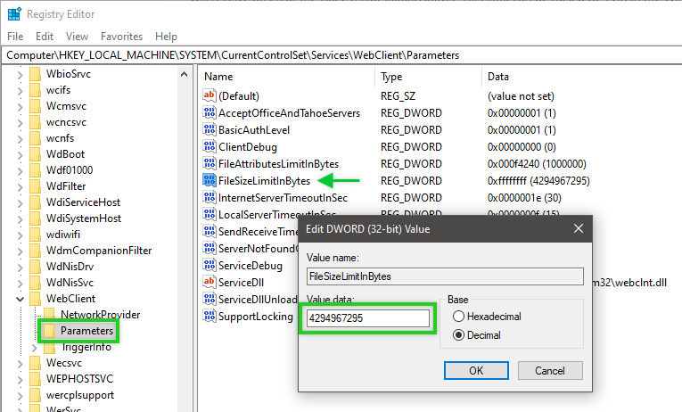 Details page in the Windows Registry with the FileSizeLimitInBytes Value data highlighted.