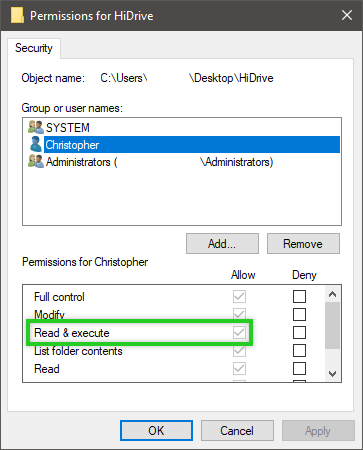The Permissions for HiDrive window with Read & execute highlighted.