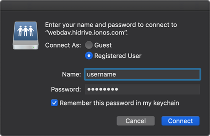 The WebDAV credentials dialog window in Mac.
