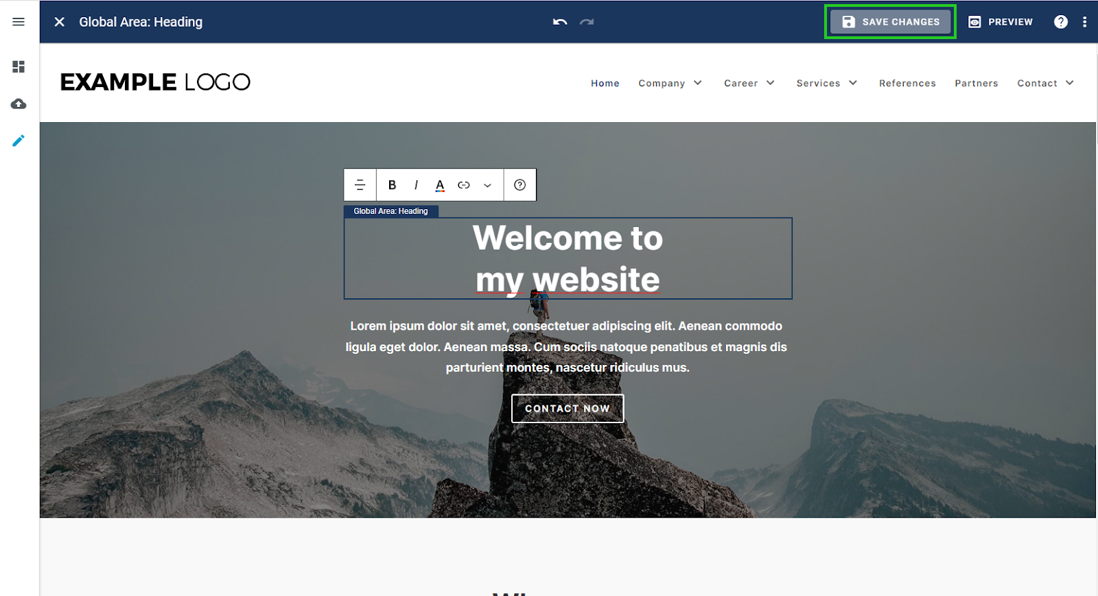 The CoOperator text editor with the Save changes button highlighted.
