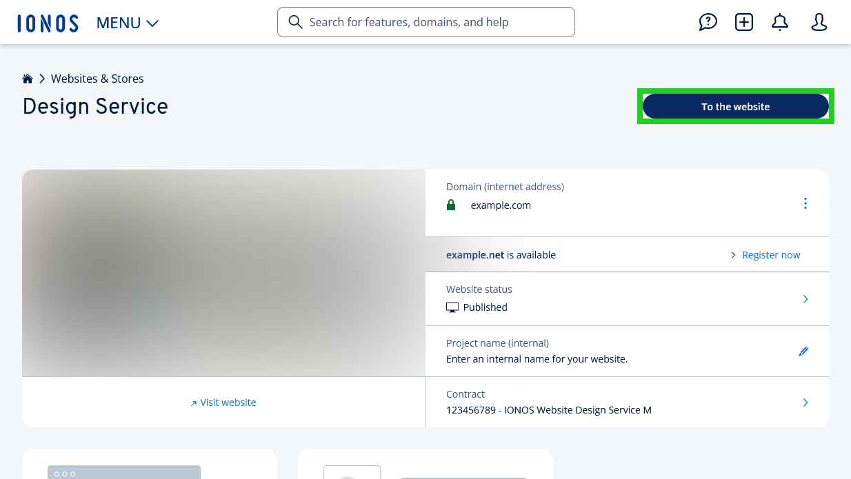 The To the website button is highlighted on the Design Service overview page.